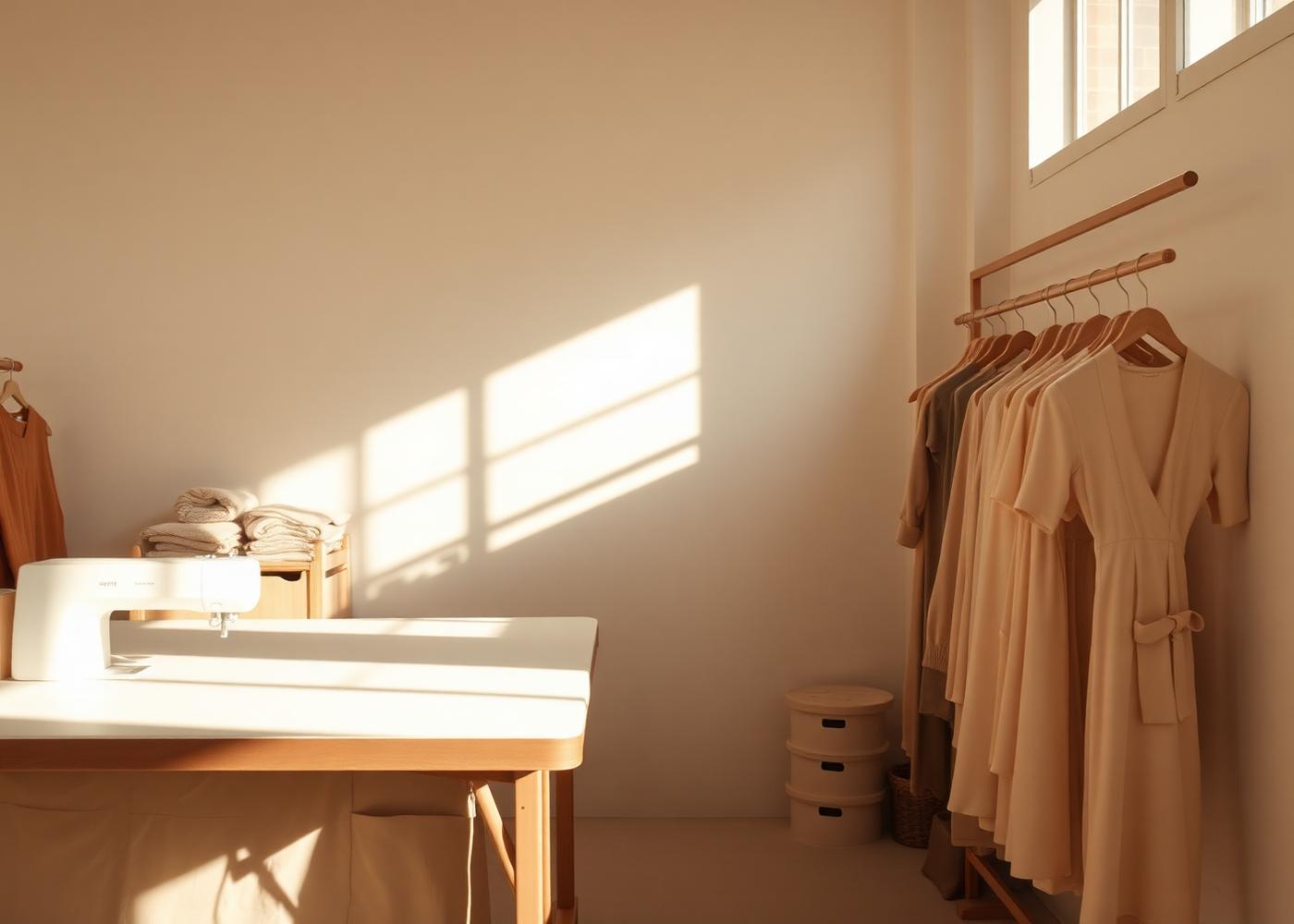 Natural light across a small apparel studio with folded neutral garments